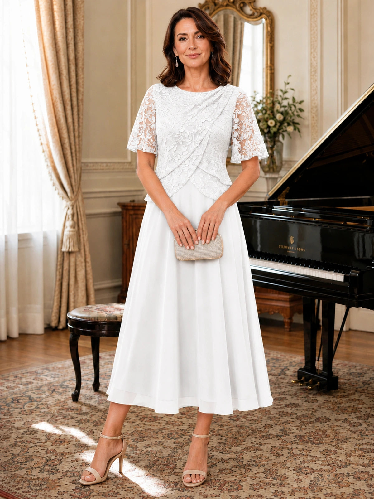 Tea-Length Chiffon Mother of the Bride Dress with Sequin Lace Sleeves