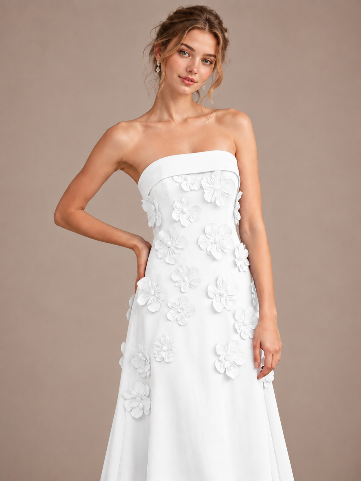 Yellow Strapless 3D Floral Appliques Maxi Dress