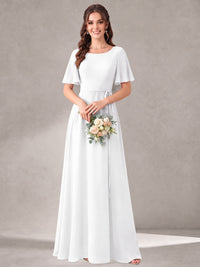 Scoop Neck A-line Chiffon Bridesmaid Dress with Flutter Sleeve & Belt