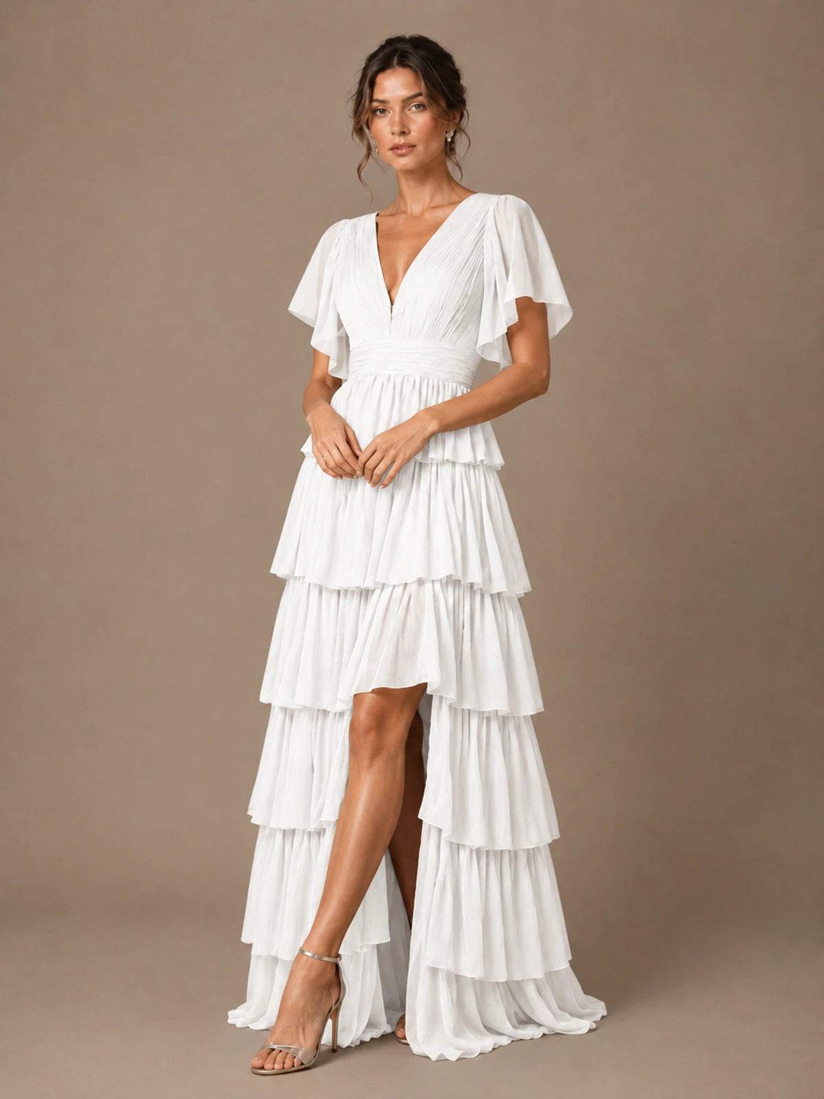 Chiffon V-Neck Tiered Ruffle Bridesmaid Dress with Slit