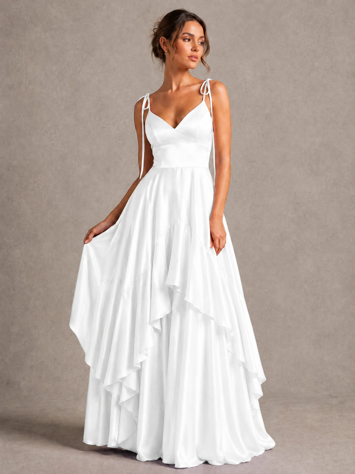 Lavender Satin V-Neck Ruffle Maxi Dress