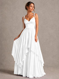 Lavender Satin V-Neck Ruffle Maxi Dress