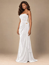 Burgundy Velvet Strapless Ruched Prom Dress with Jeweled Side Drape