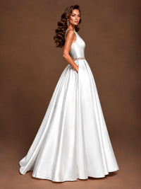 Satin A-Line Prom Dress Sleeveless Beaded Waist Formal Gown with Pockets