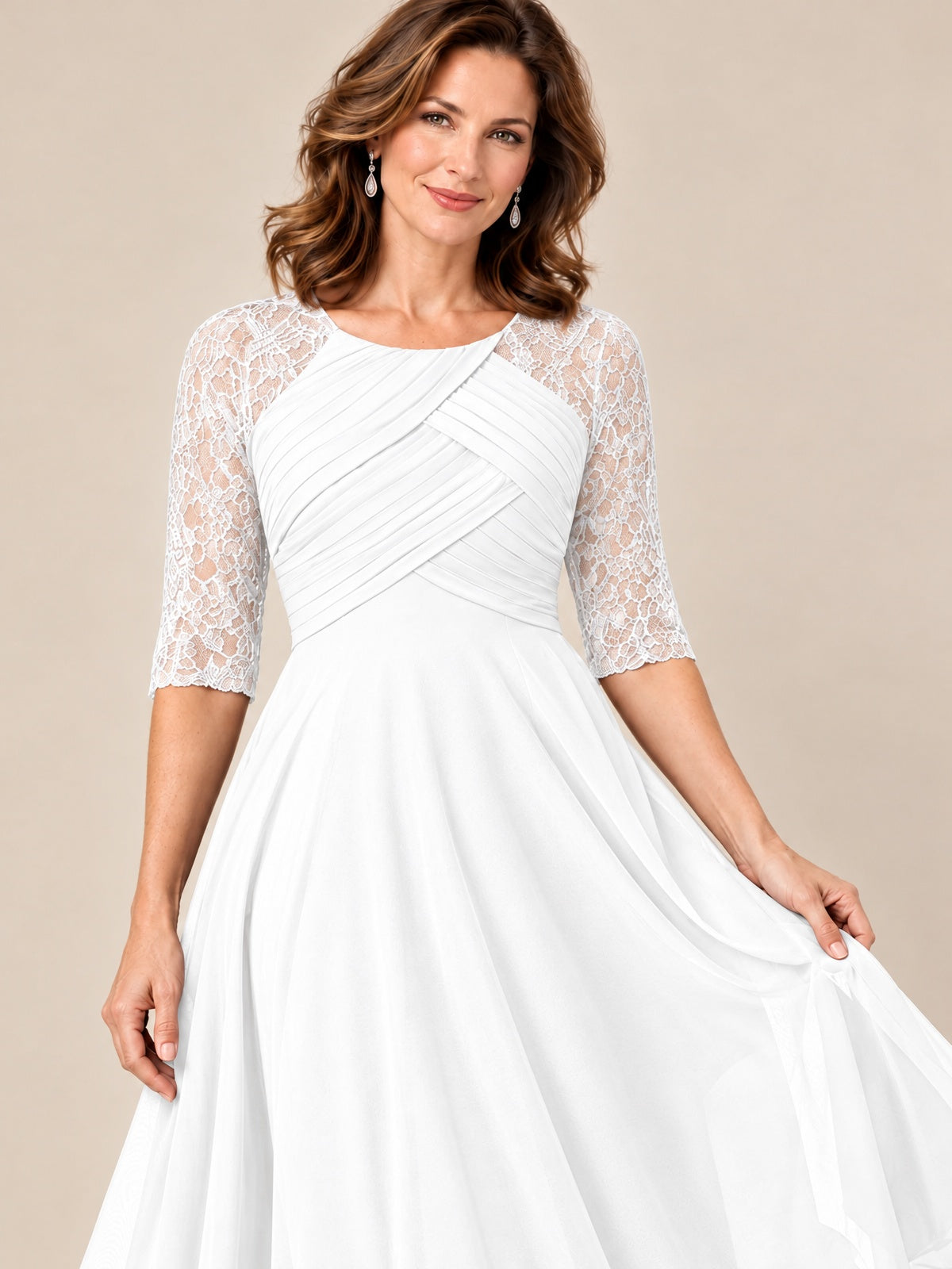 Tea-Length Mother of the Bride Dress with Lace 3/4 Sleeves