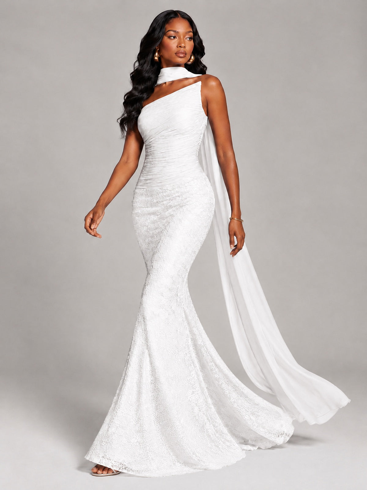 Pleated Chiffon Lace Prom Dresses Long Bodycon Mermaid with Scarf