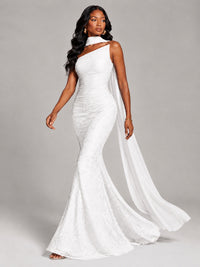 Pleated Chiffon Lace Prom Dresses Long Bodycon Mermaid with Scarf