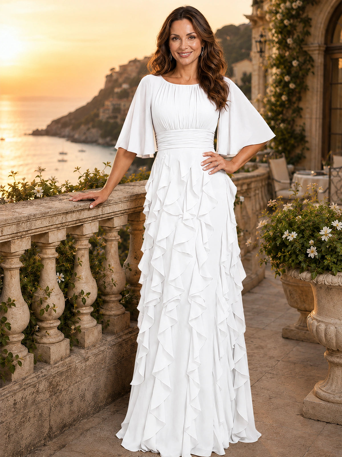 Elegant Chiffon Mother of the Bride Dress with Flutter Sleeves and Ruffle Skirt