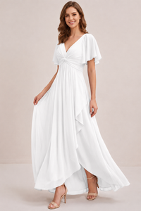 Dusty Blue Chiffon Bridesmaid Dress with Flutter Sleeves & High-Low Hem