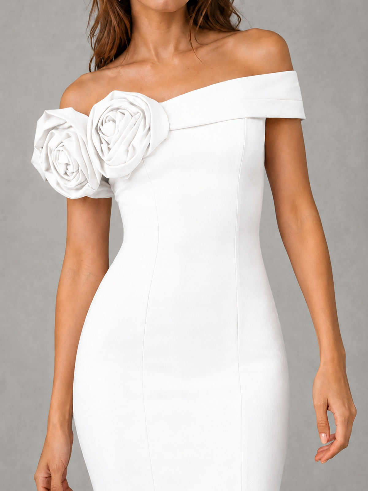 Blush Pink Off Shoulder Mermaid Bridesmaid Dress with Floral Rosette