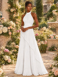 Wrap Pleated Prom Dress Halter A-line Chiffon Formal Wedding Dress