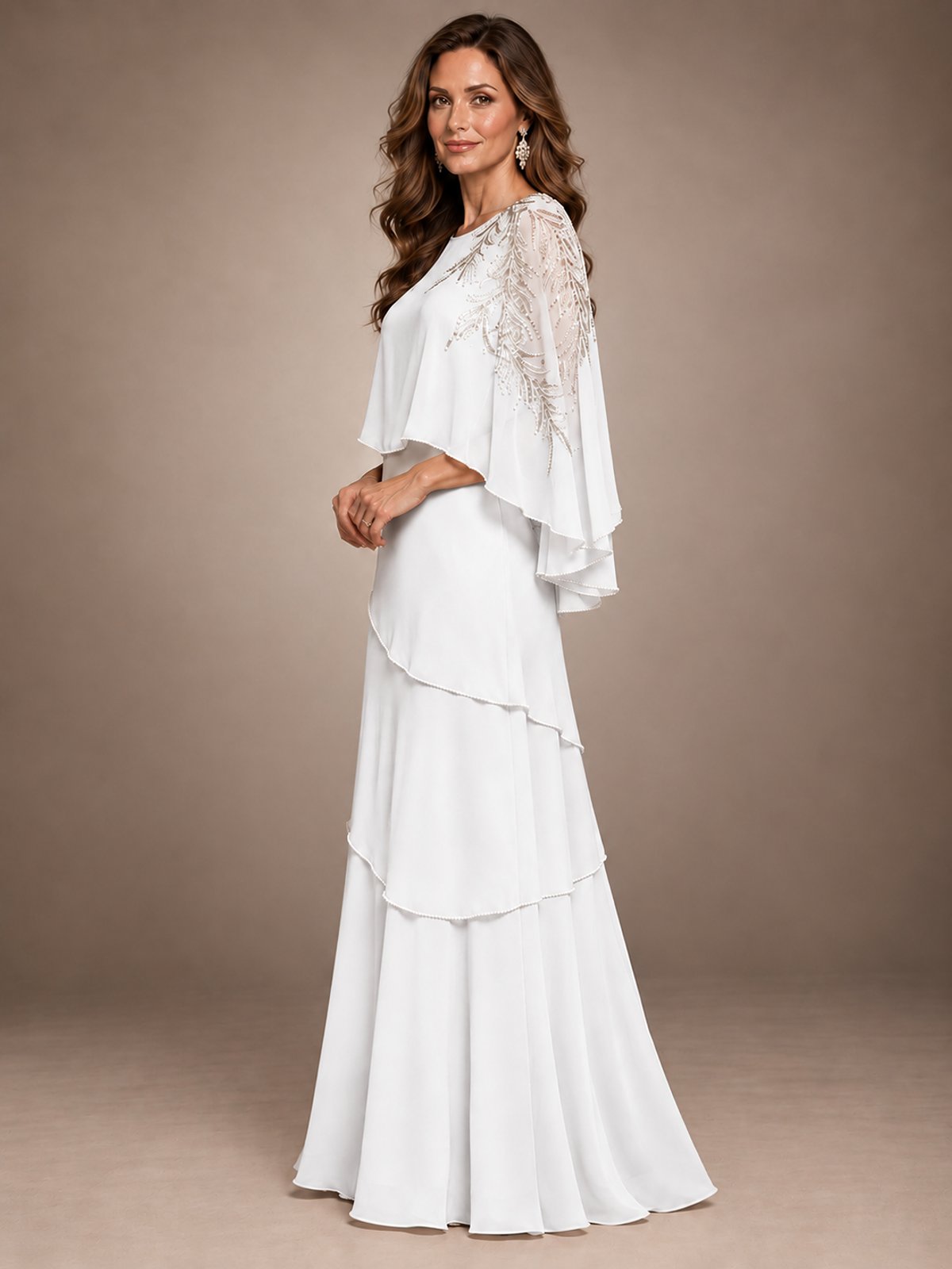 Elegant Chiffon Cape Sleeve Beaded Mother of the Bride Dress