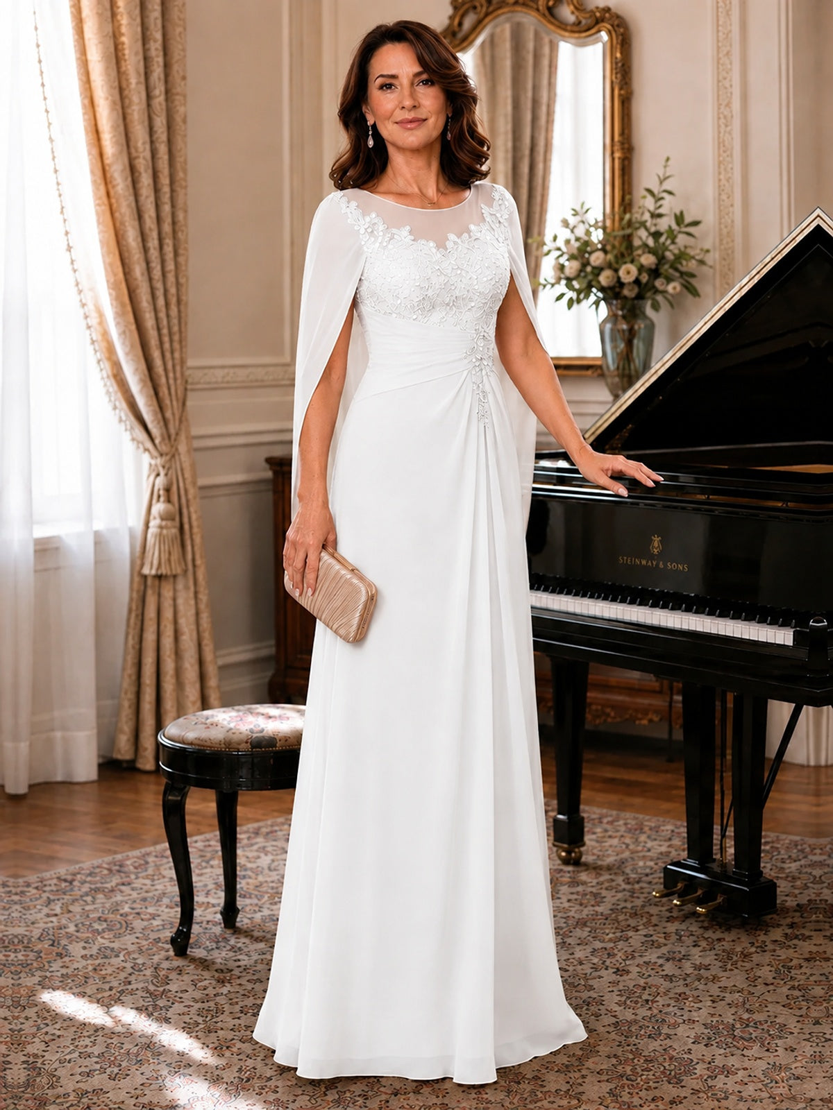 Elegant Applique Chiffon Mother of the Bride Dress with Cape Sleeves