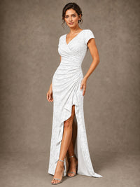 V-Neck Floral Jacquard Mother of the Bride Dress with Slit