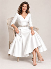 V-Neck Tea-Length Mother of the Bride Dress with Embellished Waist