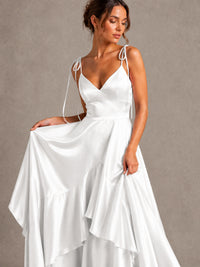 Lavender Satin V-Neck Ruffle Maxi Dress