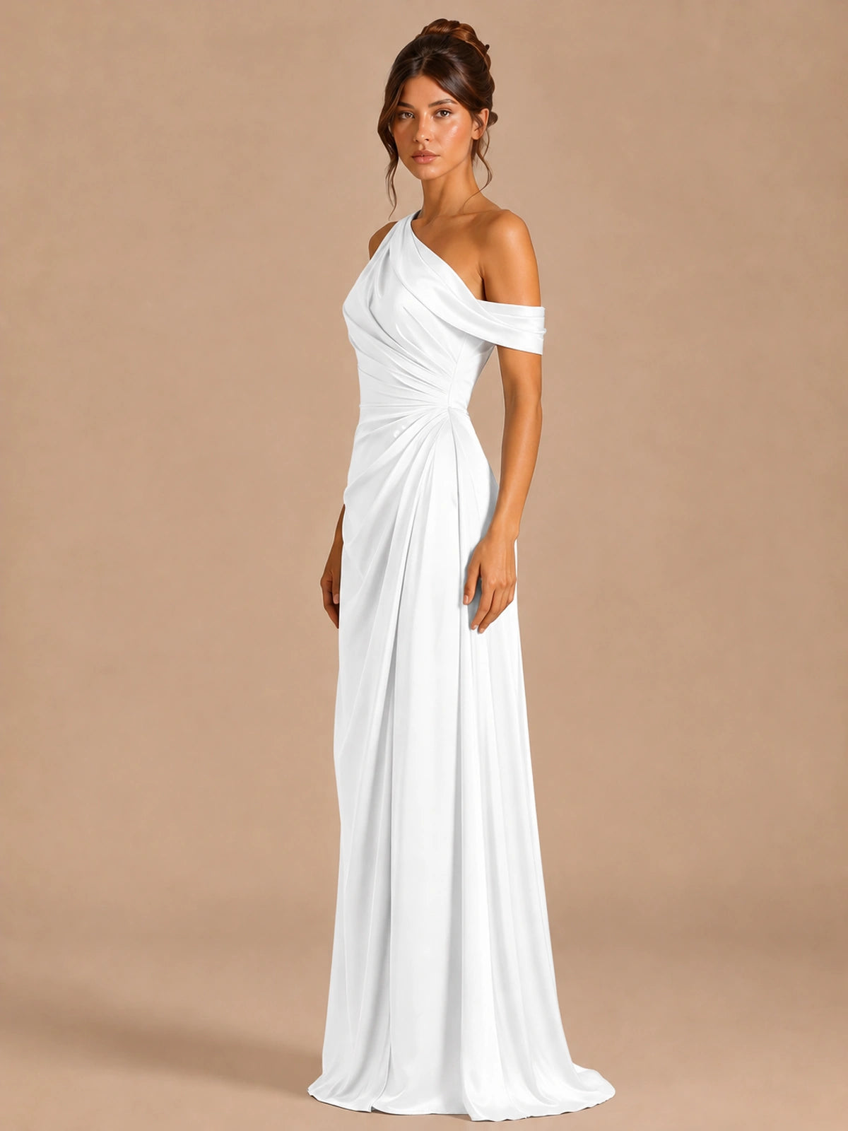 Satin One Shoulder Prom Dress Ruched Long Formal Evening Gown