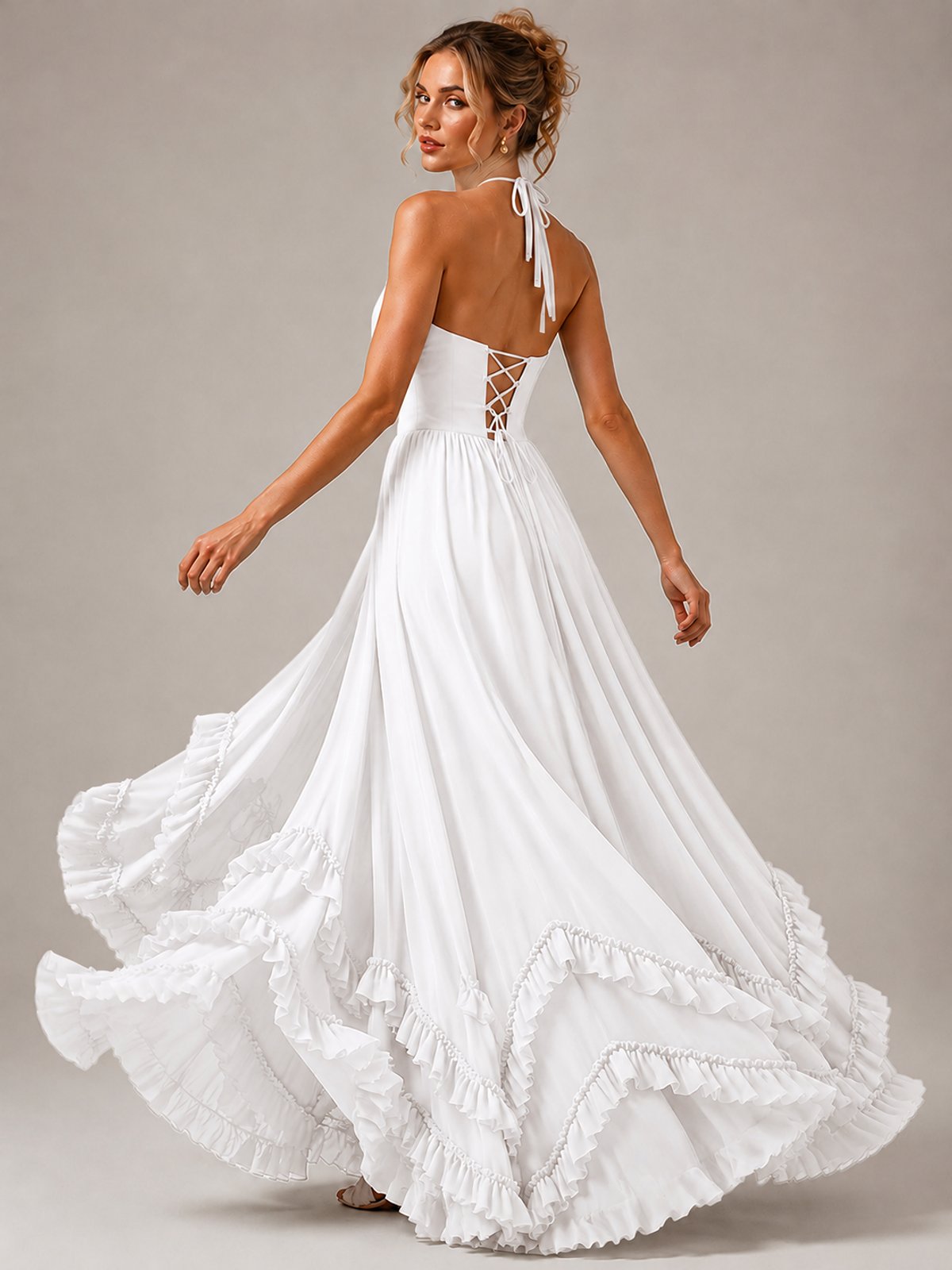 Halter V Neck Chiffon Formal Dress with Lace-Up Back and Ruffle Hem