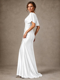 V-Neck Satin Mother of the Bride Dress with Flutter Sleeves