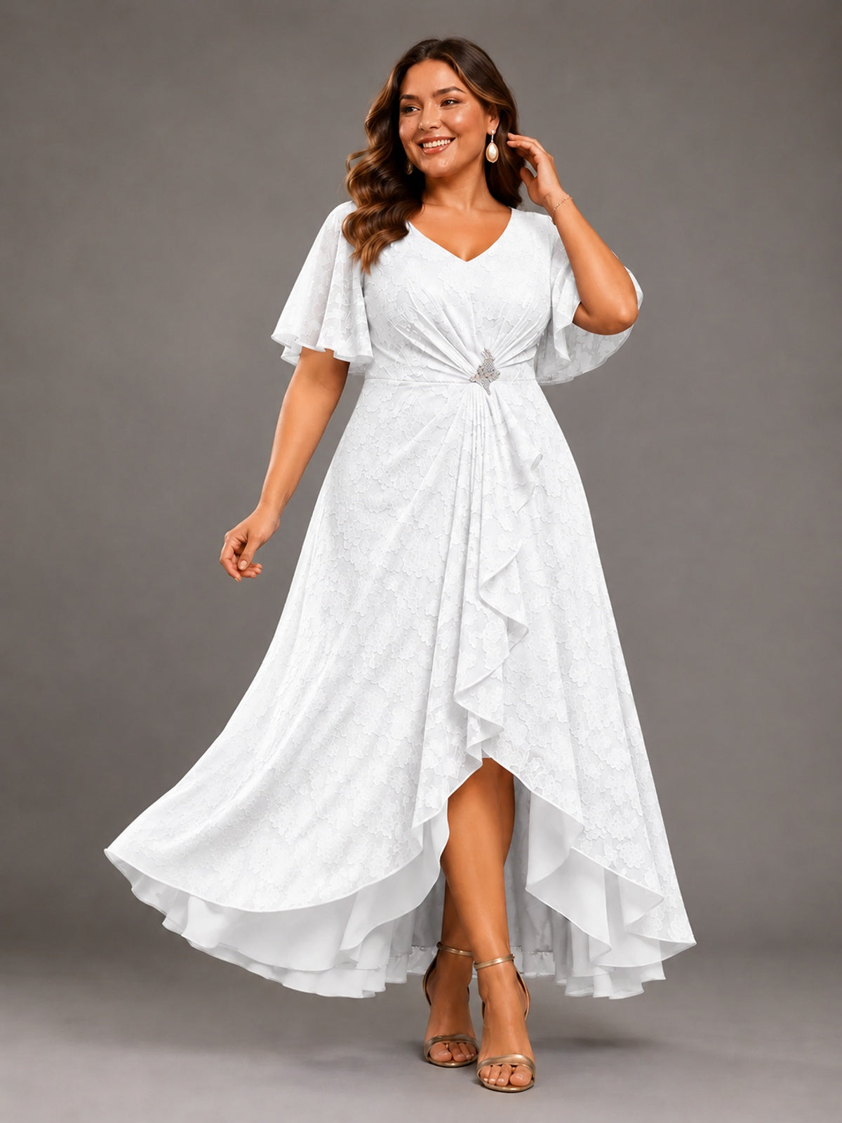 Jacquard Chiffon A-Line V-Neck High-Low Mother of the Bride Dress