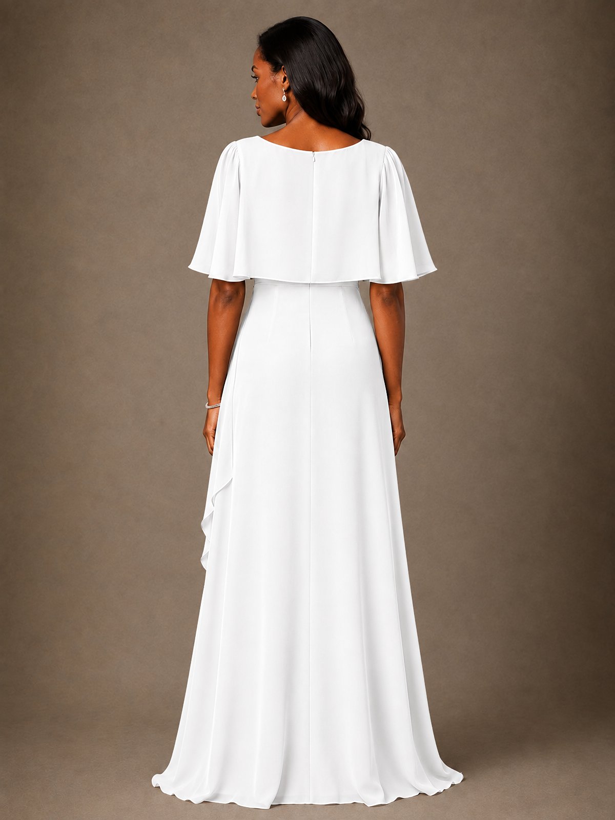 Taupe Chiffon A-Line Mother of the Bride Dress with Cape Sleeves