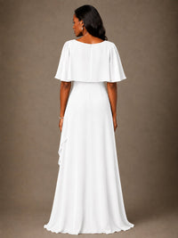 Taupe Chiffon A-Line Mother of the Bride Dress with Cape Sleeves