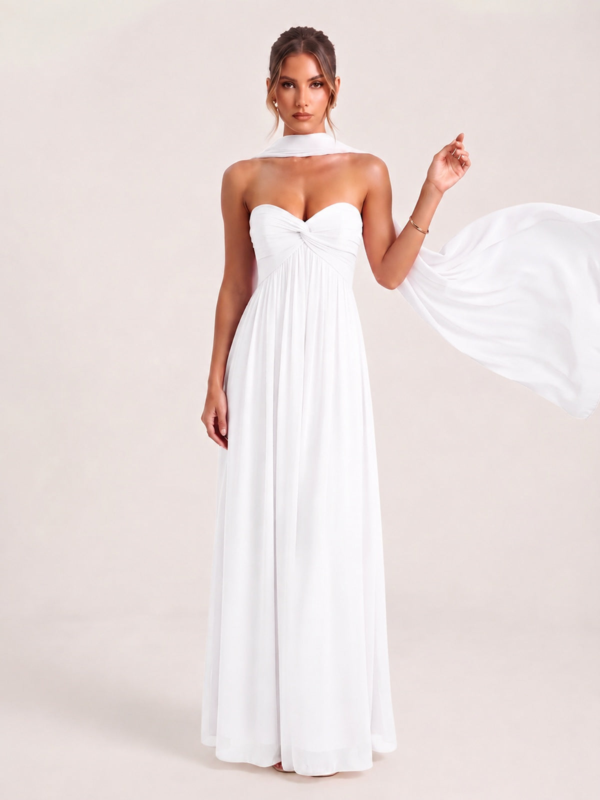 Strapless Ruched Chiffon Long Prom Dress with Scarf