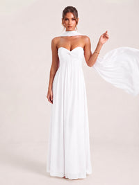 Strapless Ruched Chiffon Long Prom Dress with Scarf