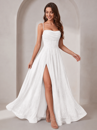 Sparkly Cowl Neck Corset Long Prom Dress with Slit A-line Tulle Ball Gown