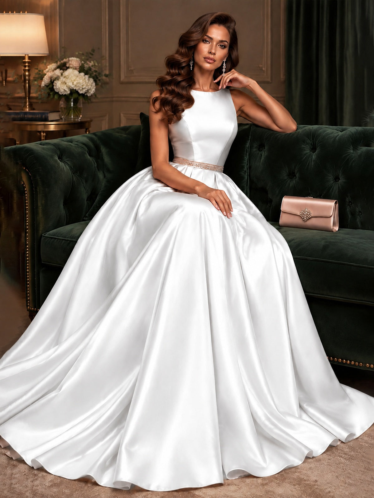 Satin A-Line Prom Dress Sleeveless Beaded Waist Formal Gown with Pockets