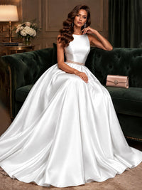 Satin A-Line Prom Dress Sleeveless Beaded Waist Formal Gown with Pockets