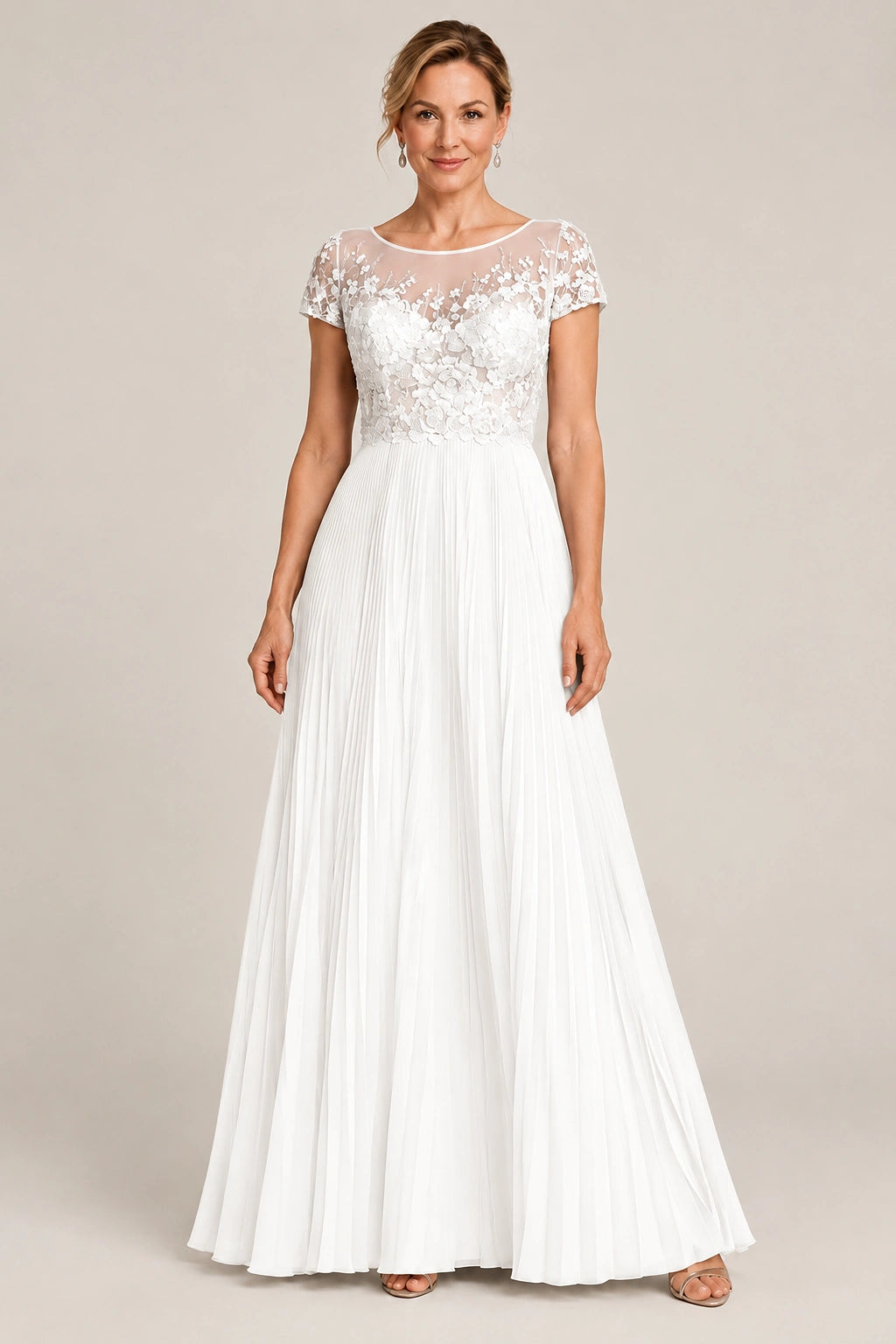 Embroidered Lace Pleated Mother of the Bride Dress