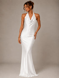 Olive Green Halter Satin Mermaid Maxi Dress