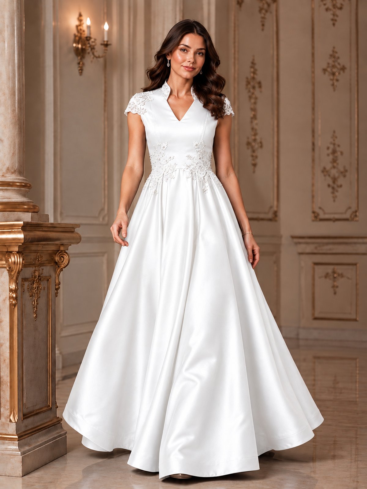Lace Appliqué A-Line Satin Maxi Dress