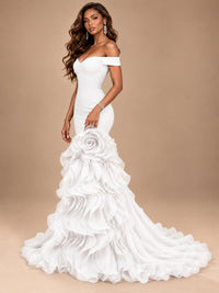 Dusty Blue Off-the-Shoulder Mermaid Prom Dress with 3D Rose & Ruffles