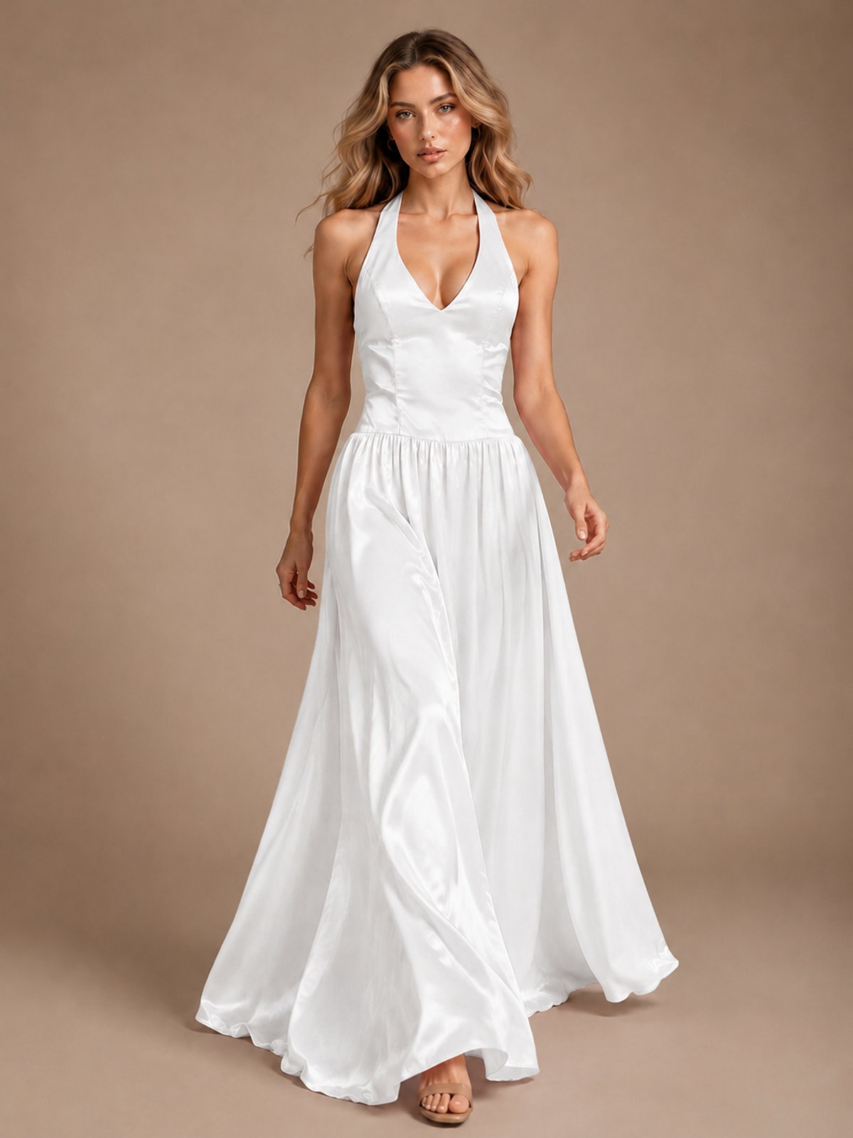 Pink V Neck Halter Satin Maxi Dress