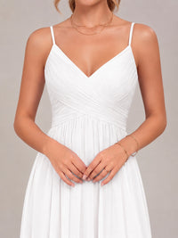V-Neck Pleated Chiffon Long Bridesmaid Dress with Slit