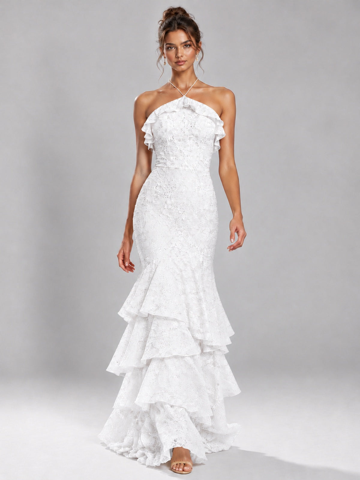 Halter Tiered Mermaid Prom Dress with Sparkly Lace
