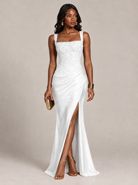 Scoop Neck Sequin Prom Dress with High Slit Satin Formal Gowns