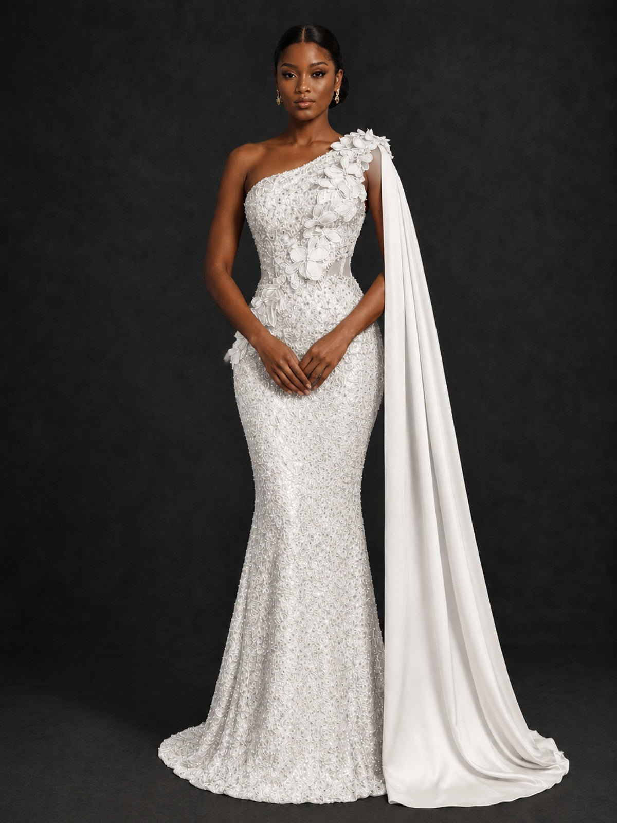 Gold Sequin One Shoulder Mermaid Prom Dress with Cape