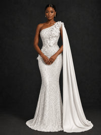 Gold Sequin One Shoulder Mermaid Prom Dress with Cape