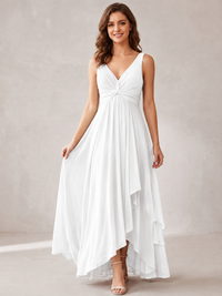 V-Neck High-Low Chiffon Bridesmaid Dress with Ruffles