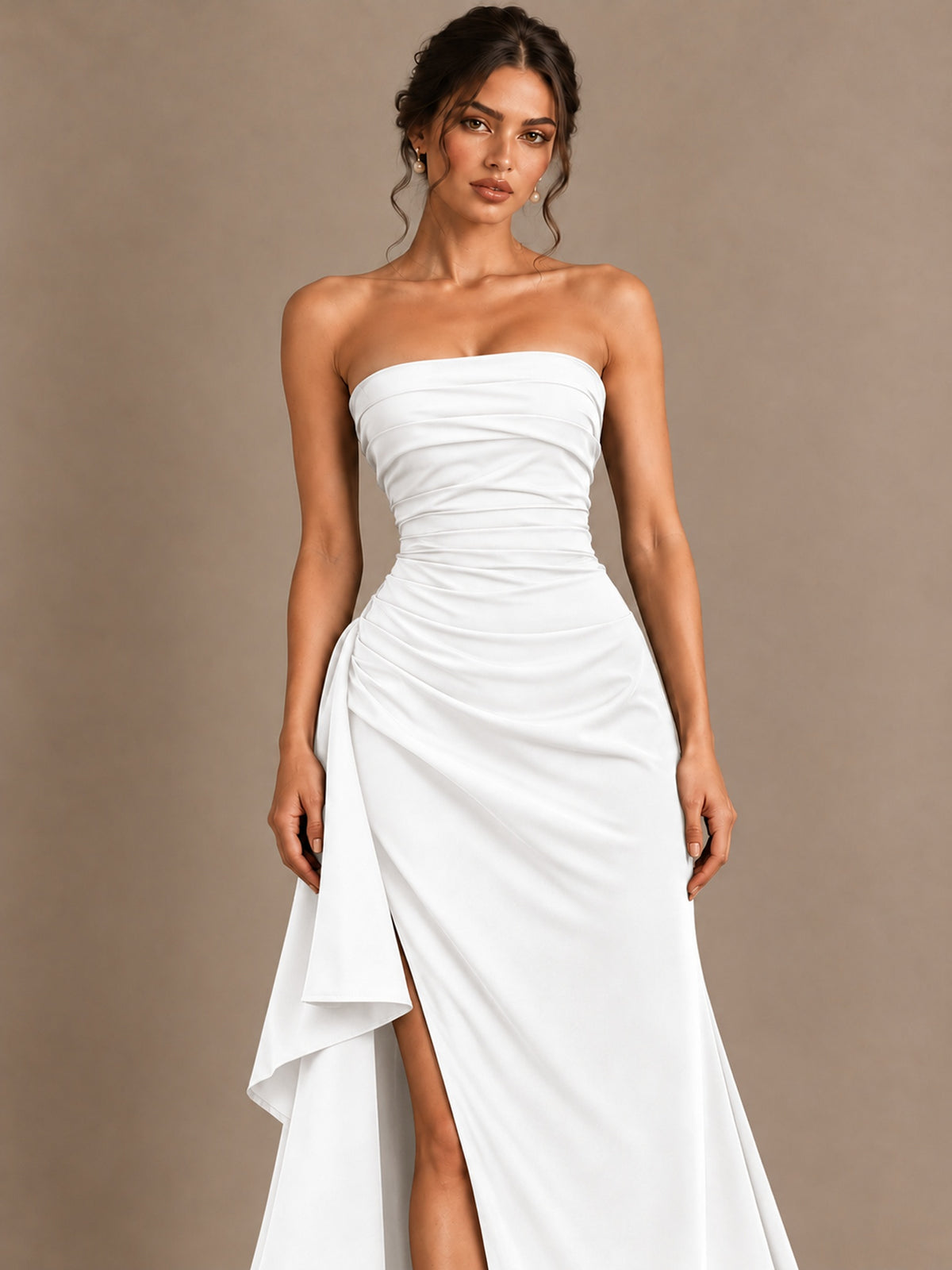 Black and White Strapless Ruched Prom Dress with High Slit & Side Drape