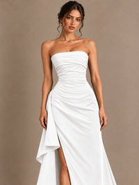 Black and White Strapless Ruched Prom Dress with High Slit & Side Drape