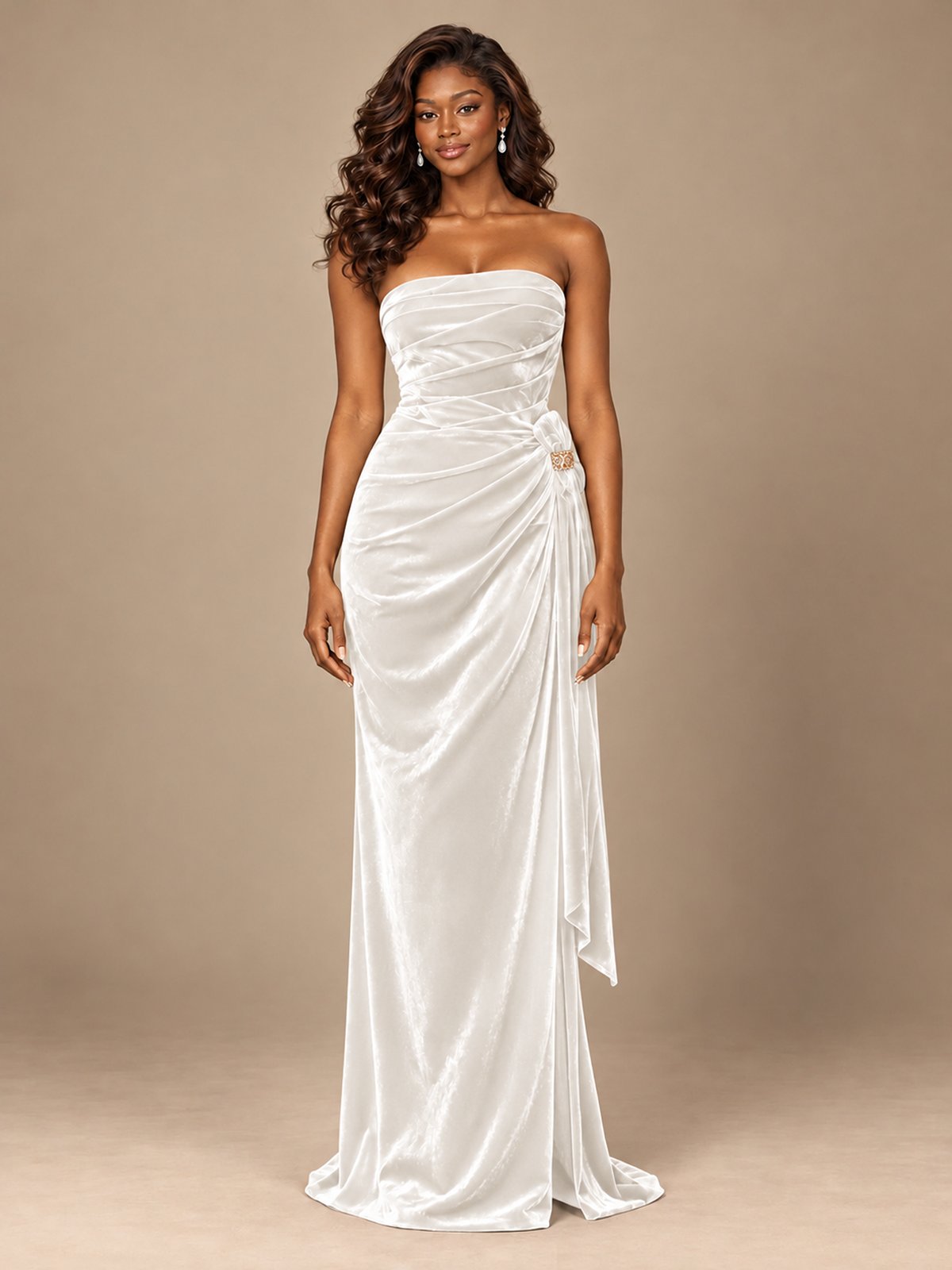 Burgundy Velvet Strapless Ruched Prom Dress with Jeweled Side Drape