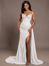 Luxury Strapless Sequin Corset Mermaid Prom Dress with High Slit & Train