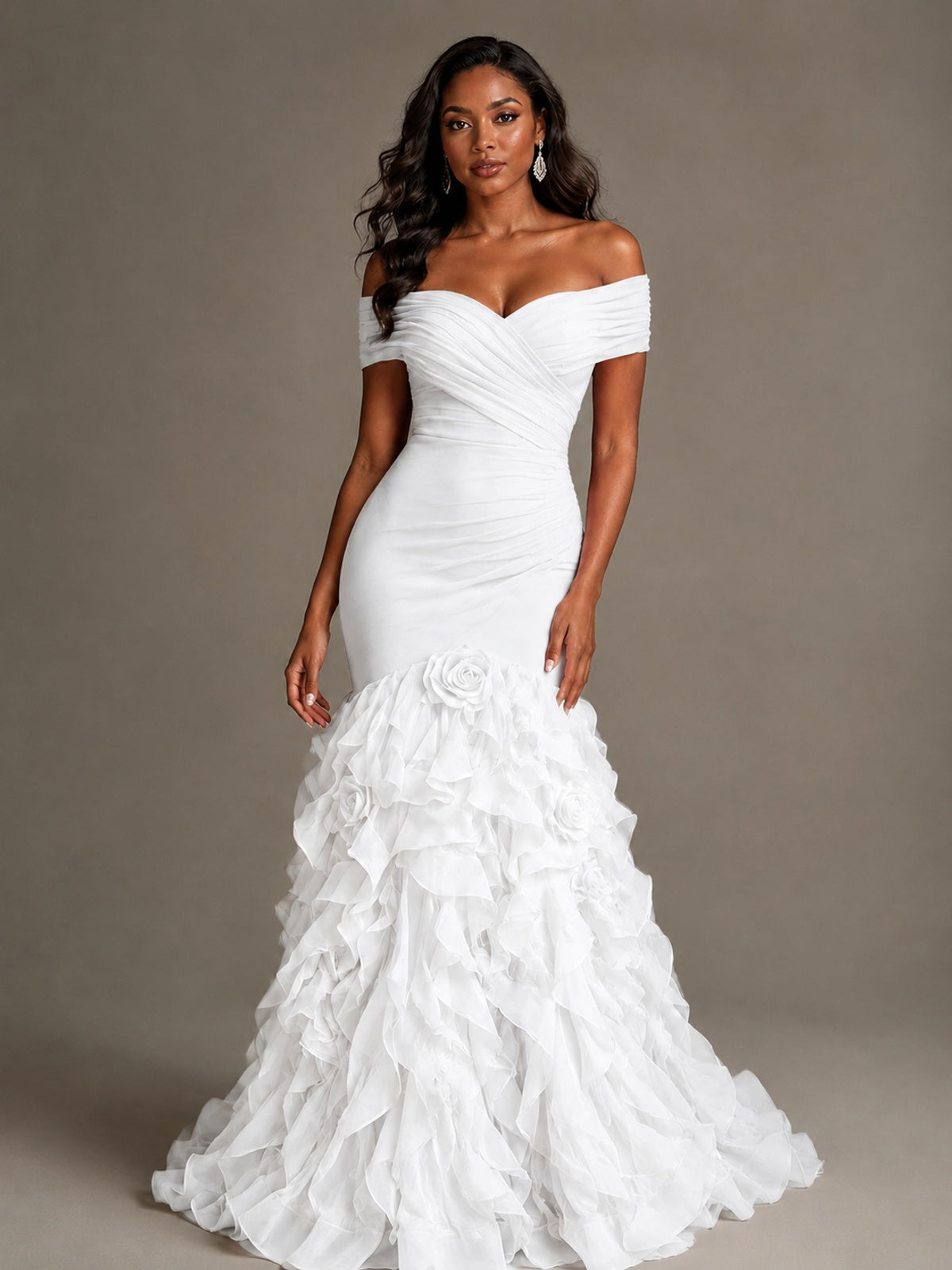 Pink Off-the-Shoulder Mermaid Prom Dress with Ruffles 3D Flowers