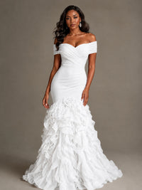 Pink Off-the-Shoulder Mermaid Prom Dress with Ruffles 3D Flowers