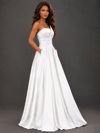 Draped Satin Prom Dress Strapless A-line Formal Dress Floor Length