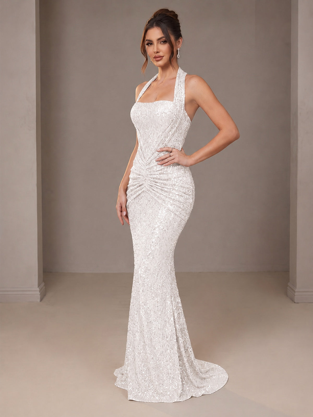 Gold Halter Sequin Mermaid Ruched Prom Dress Long Ruched Evening Gown